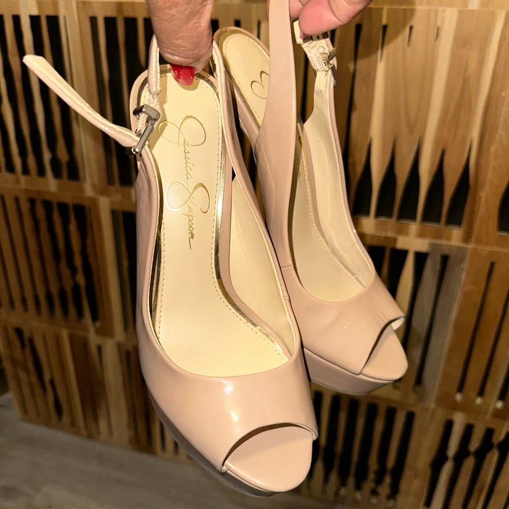 Jessica Simpson Nude Patent Peep-Toe Slingback Heels